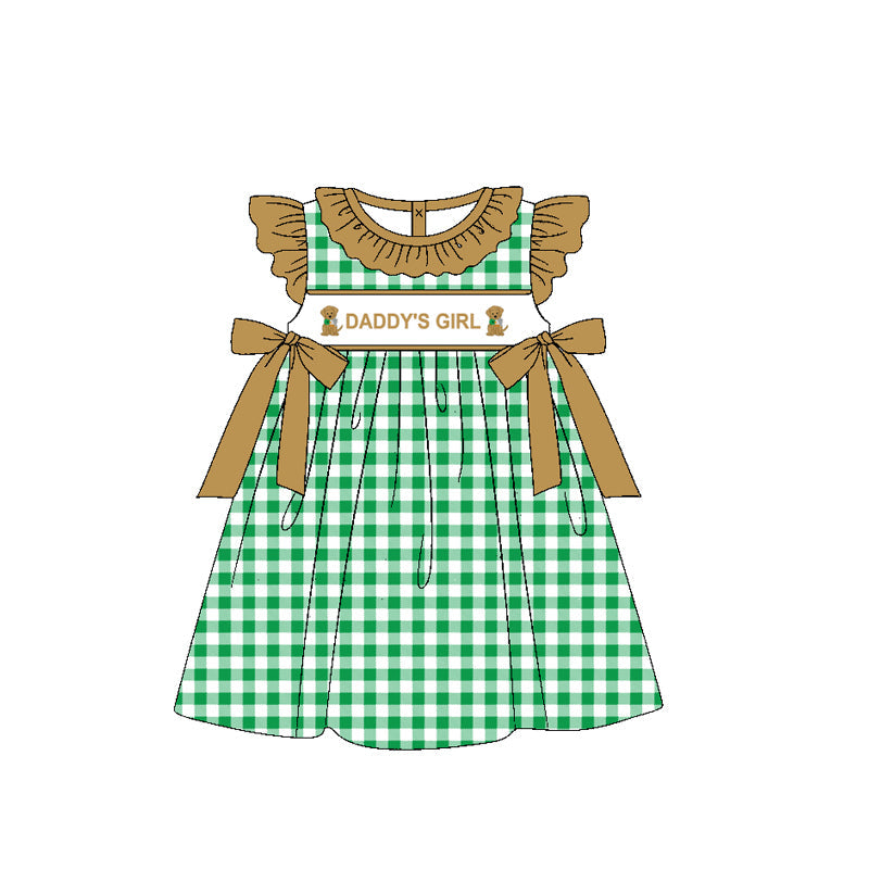 Preorder Baby Kids Short Sleeves Daddy's Girl Dogs Bows Knee Length Green Plaid Dress