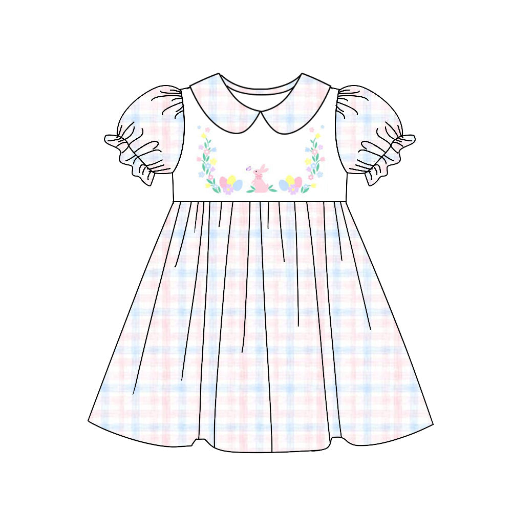 Preorder Baby Girl Short Sleeves Easter Rabbit Eggs Flower Plaid Knee Length Dress