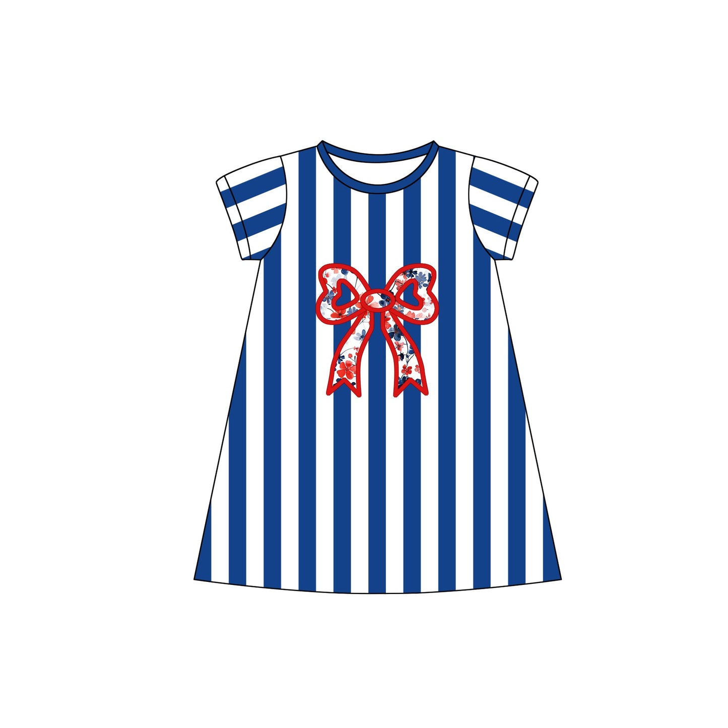 Preorder Baby Girl Short Sleeves Blue Stripes July 4th Bow Knee Length Dress