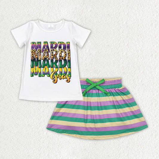 Baby Girl Short Sleeves Mardi Gras White Shirt Stripes Skirt Shorts Clothes Set