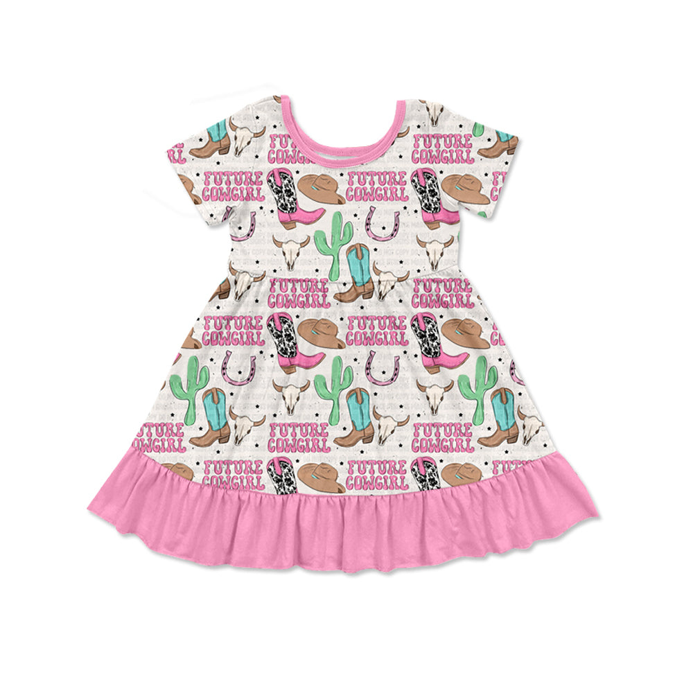 Preorder Baby Girl Short Sleeves Pink Western Boots Knee Length Dress