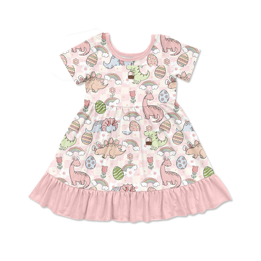 Preorder Baby Girl Short Sleeves Easter Dinosaurs Knee Length Pink Dress