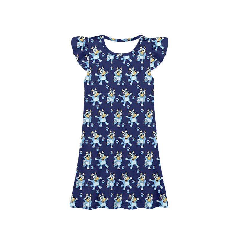 Preorder Baby Girl Short Sleeves Dogs  Blue Knee Length Dress