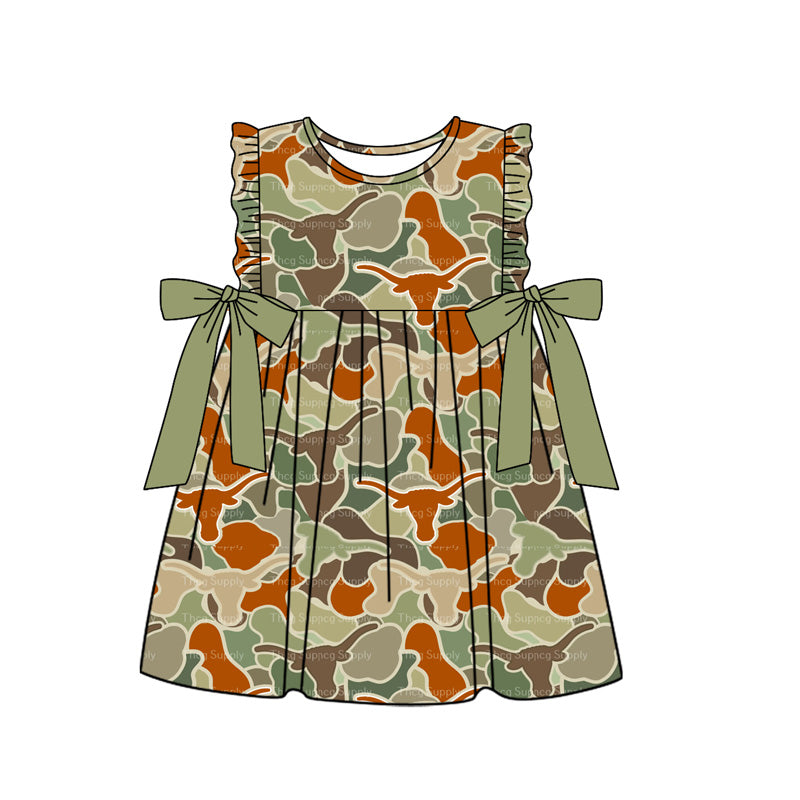 Preorder Baby Girl Short Sleeves Cow Camo Green Bows Knee Length Dress