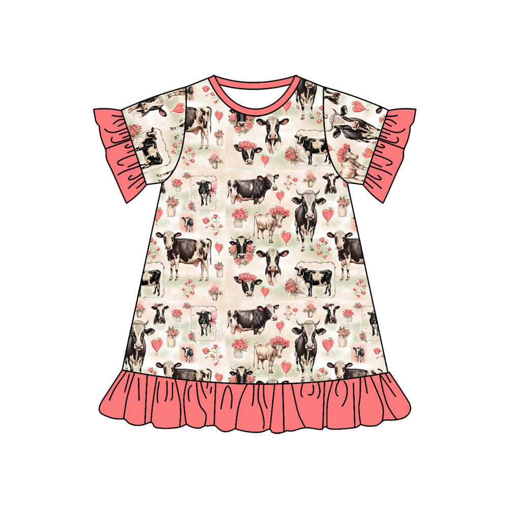 Preorder Baby Girl Short Sleeves Hearts Cow Flower Knee Length Dress