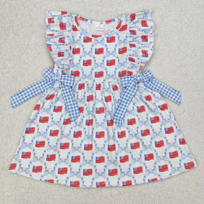Sibling Baby Girls Short Sleeves Flags Stars Bows 4th of July Knee Length Dresses RTS