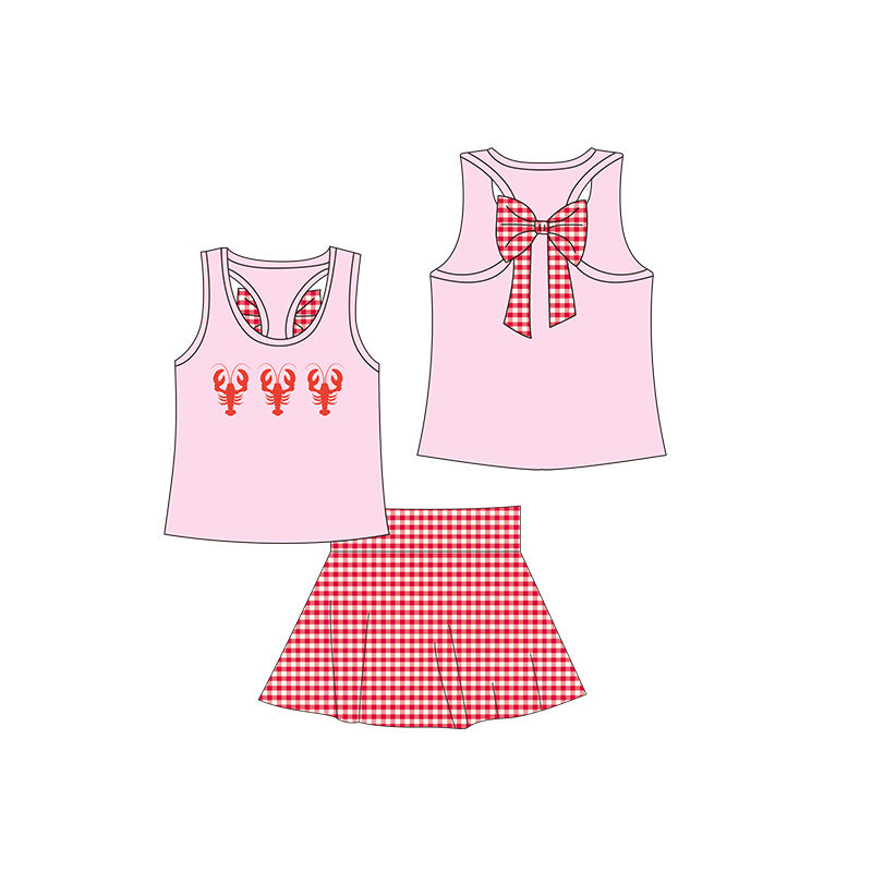 Preorder Baby Girl Sleeveless Crawfish Pink Bows Shirt Skirt Clothes Set