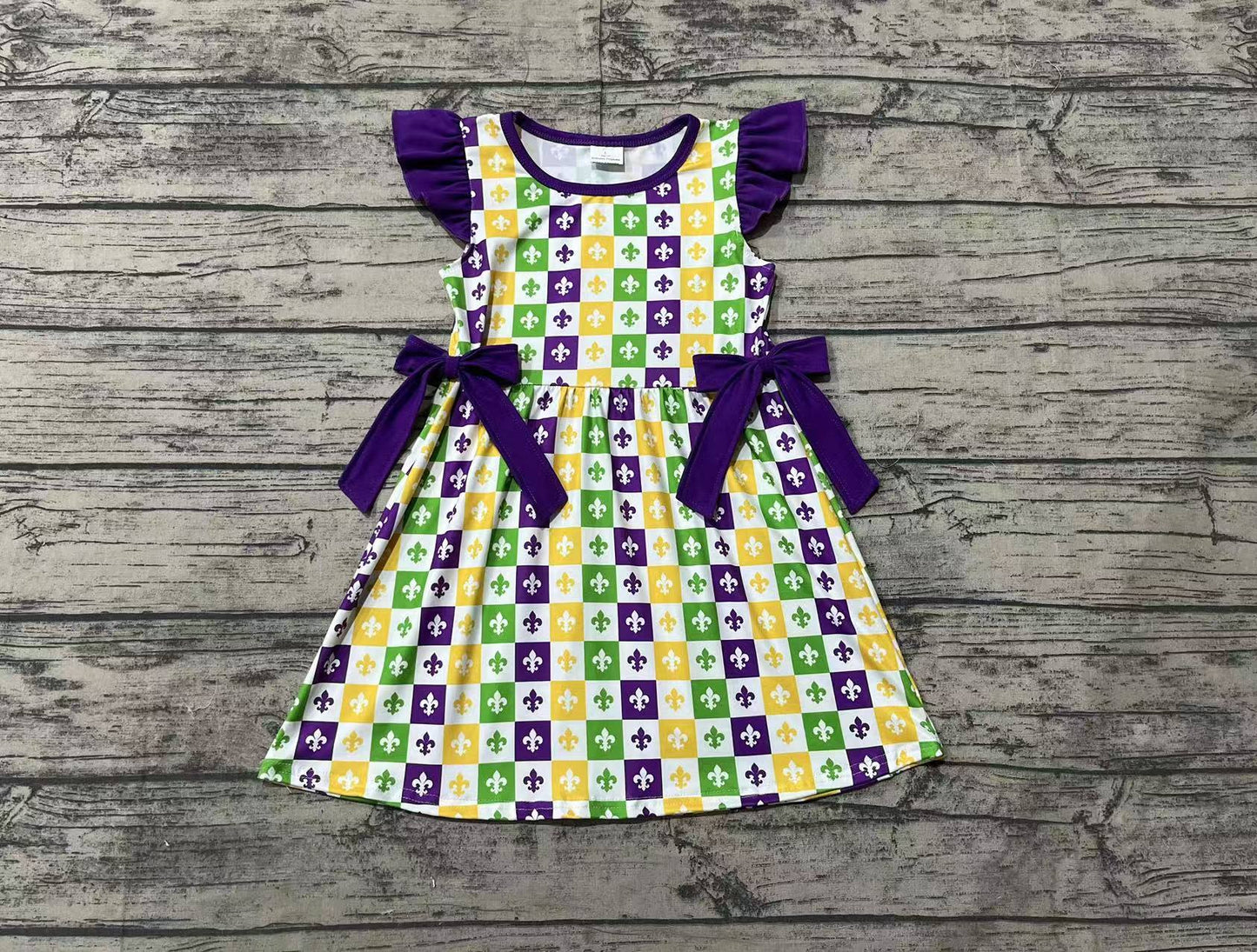 Baby Girl Short Sleeves Mardi Gras Anchor Bows Knee Length Dress