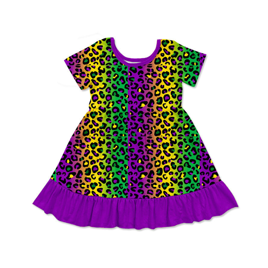 Preorder Baby Girl Short Sleeves Mardi Gras Leopard Ruffle Knee Length Dress