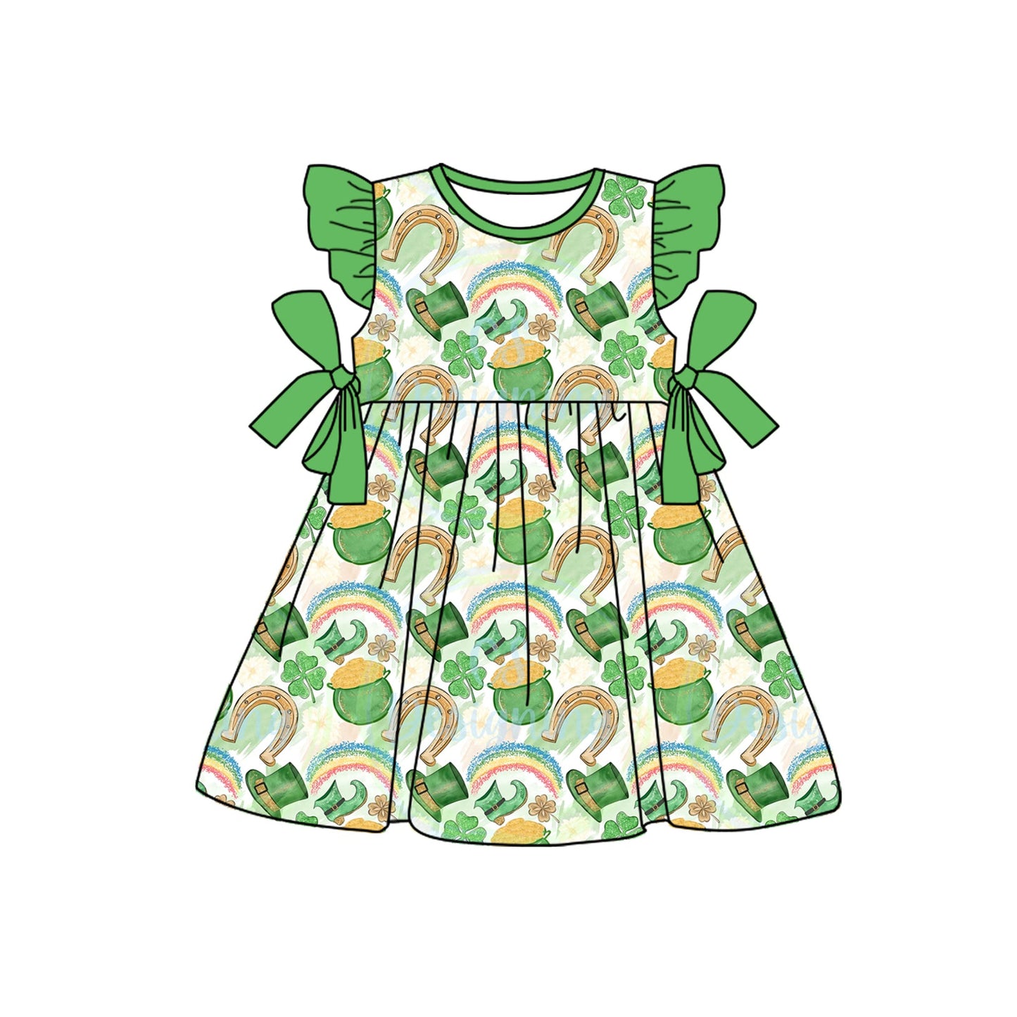 Preorder Baby Girl Short Sleeves St Patrick Day Rainbow Green Bows Knee Length Dress