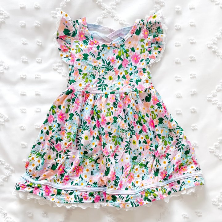 Preorder Baby Girl Short Sleeves Flower Knee Length Dress