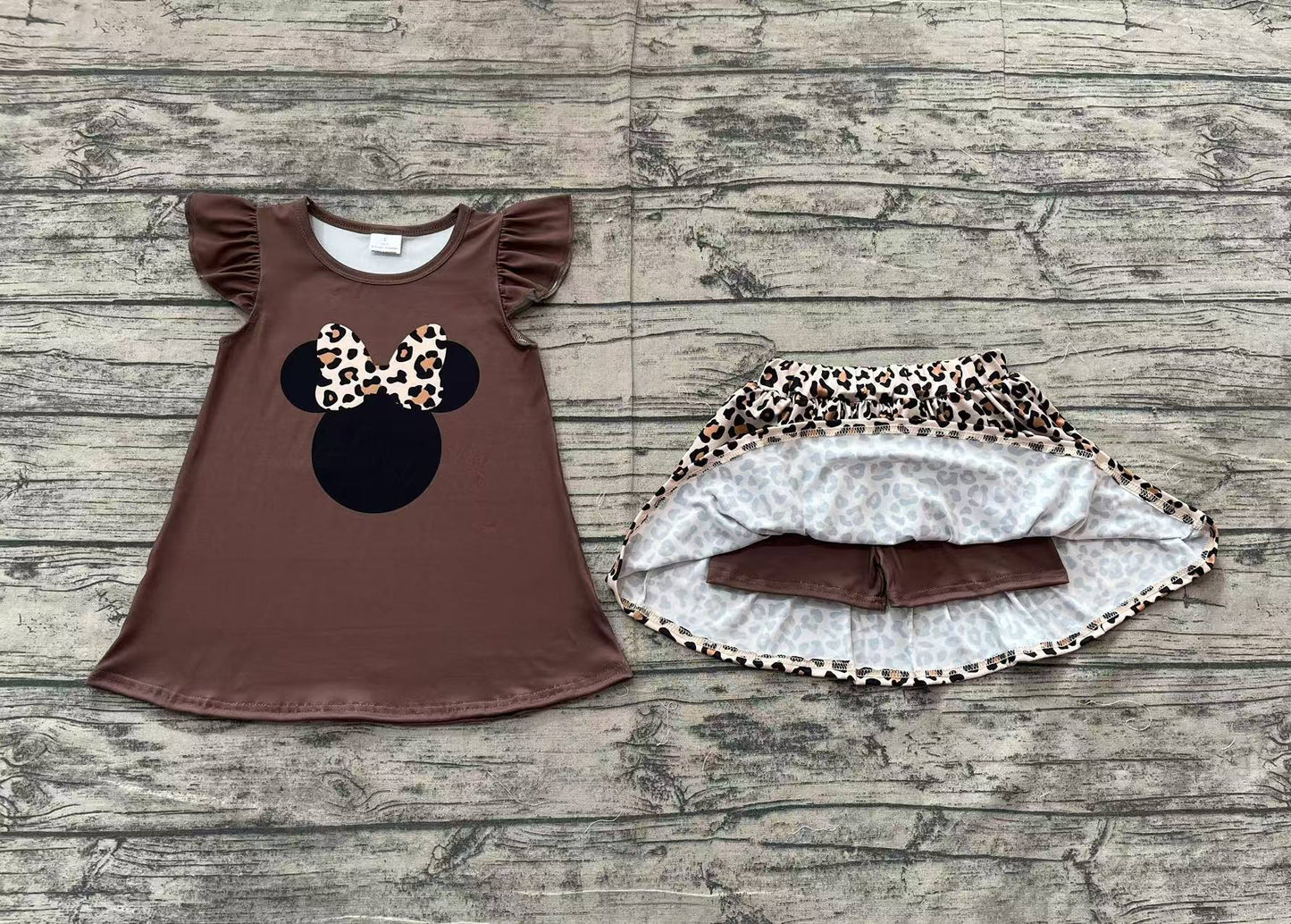 Baby Girl Short Sleeves Leopard Mouse Shirt Skort Skirt Shorts Clothes Set