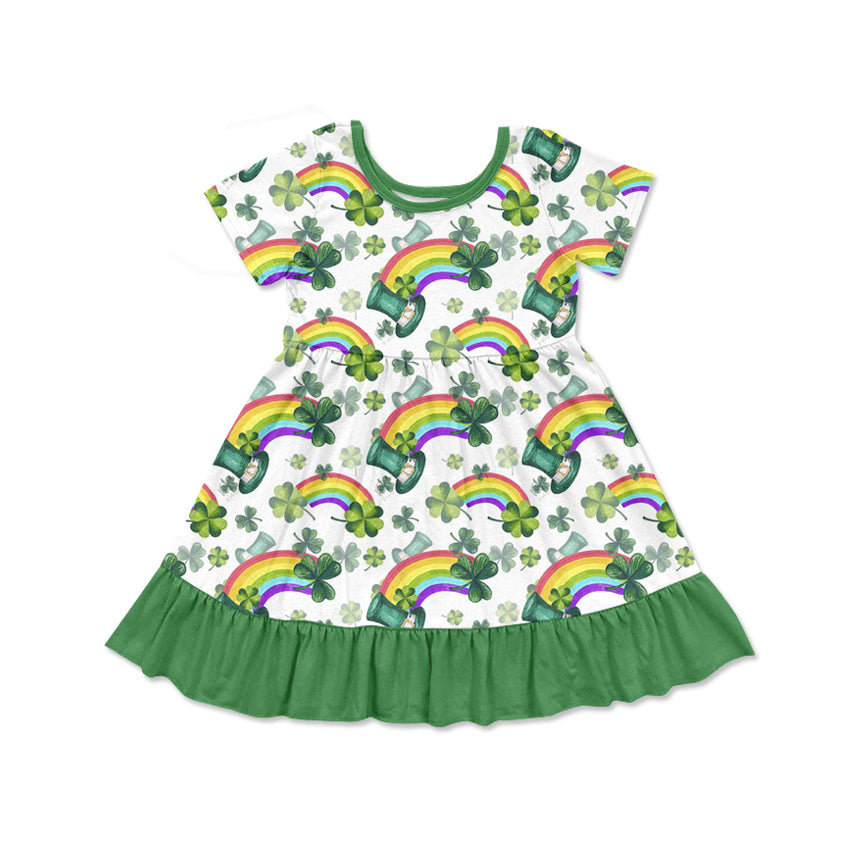 Preorder Baby Girl Short Sleeves St Patrick Quatrefoil Rainbow Knee Length Dress