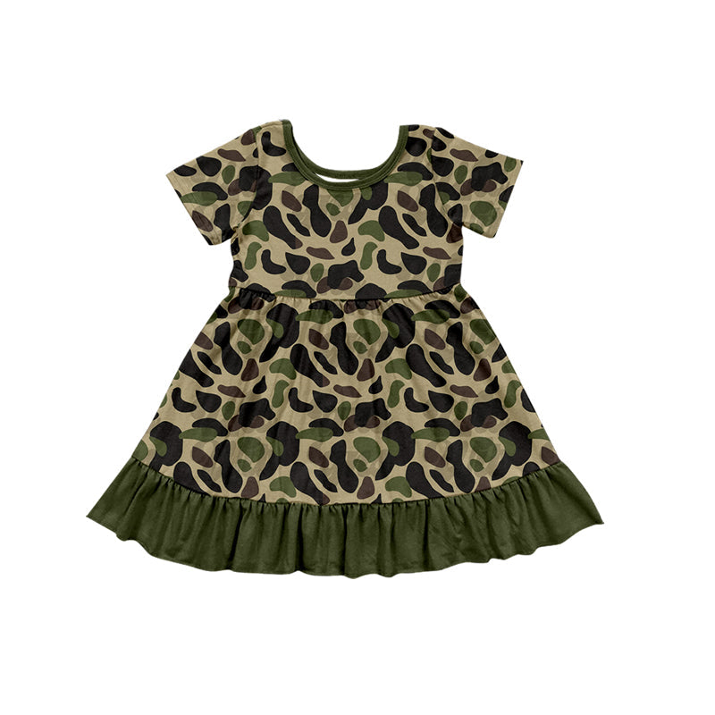Preorder Baby Girl Short Sleeves Green Christ Camo Ruffle Knee Length Dress