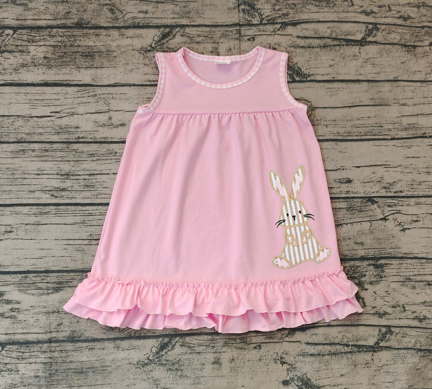 Preorder Baby Girl Sleeveless Embroidery Easter Rabbit Ruffle Knee Length Pink Dress