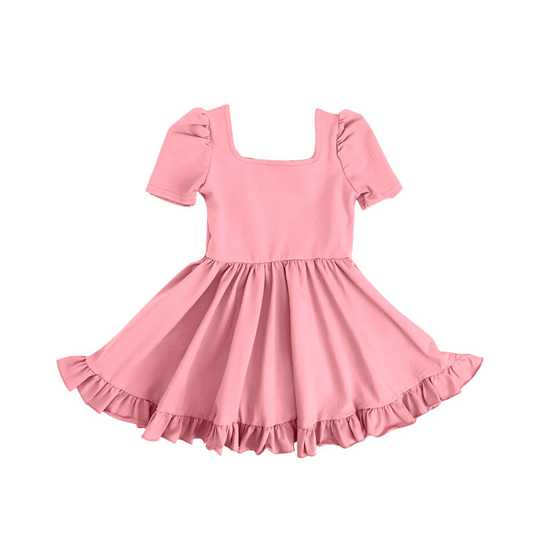 Preorder Baby Girl Short Sleeves Pink Ruffle Knee Length Cotton Dress