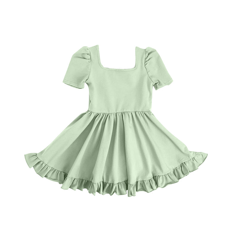 Preorder Baby Girl Short Sleeves Green Ruffle Knee Length Cotton Dress