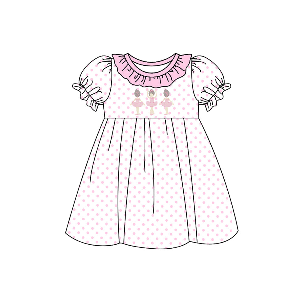Preorder Baby Girl Short Sleeves Pink Dots Dance Knee Length Dress