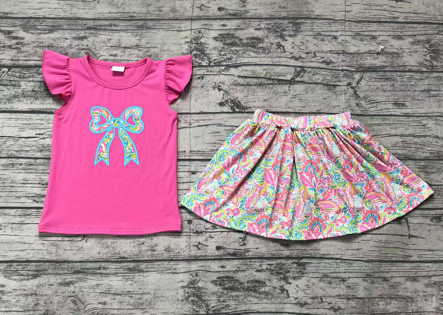 Preorder Baby Girl Pink Short Sleeves Embroidery Bow Shirt Flower Skort Shorts Skirt Clothes Set