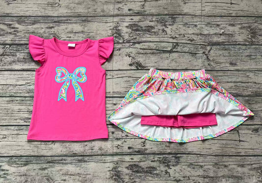 Preorder Baby Girl Pink Short Sleeves Embroidery Bow Shirt Flower Skort Shorts Skirt Clothes Set