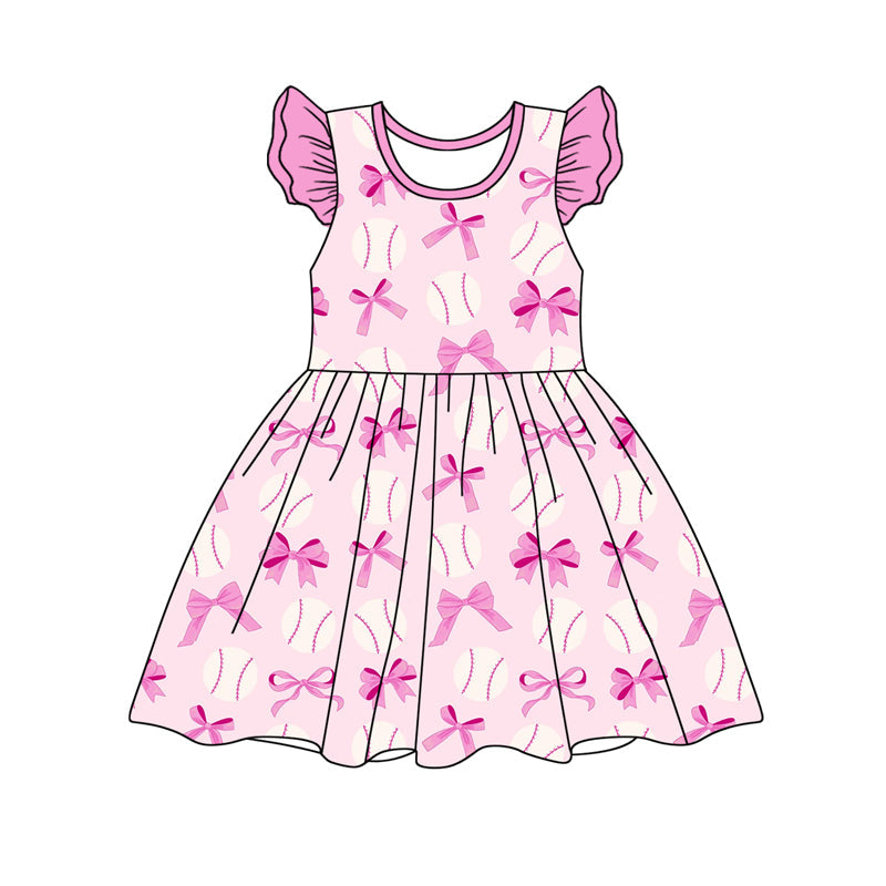 Preorder Baby Girl Short Sleeves Baseball Bows Knee Length Pink Dress