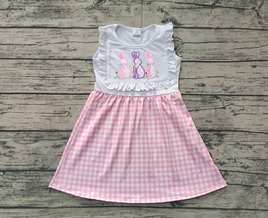 Preorder Baby Girl Short Sleeves Embroidery Easter Rabbits Pink Plaid Knee Length Dress