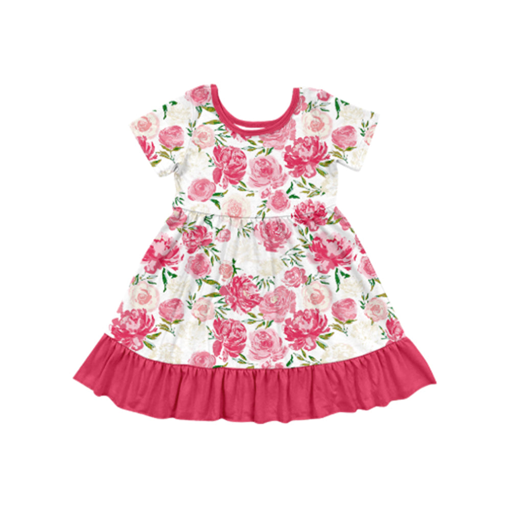 Preorder Baby Girl Short Sleeves Flower Knee Length Ruffle Dress
