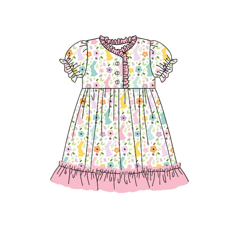 Preorder Baby Girl Short Sleeves Easter Rabbit Flower Knee Length Pink Ruffle Dress