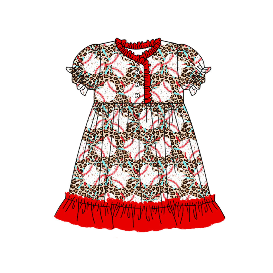Preorder Baby Girl Short Sleeves Leopard Baseball Red Ruffle Knee Length Dress