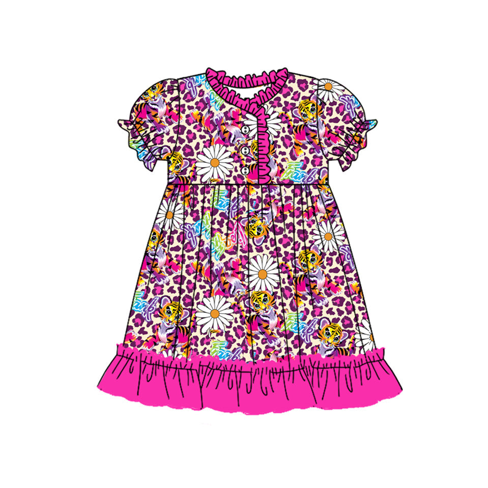 Preorder Baby Girl Short Sleeves Leopard Flower Tigers Ruffle Knee Length Dress