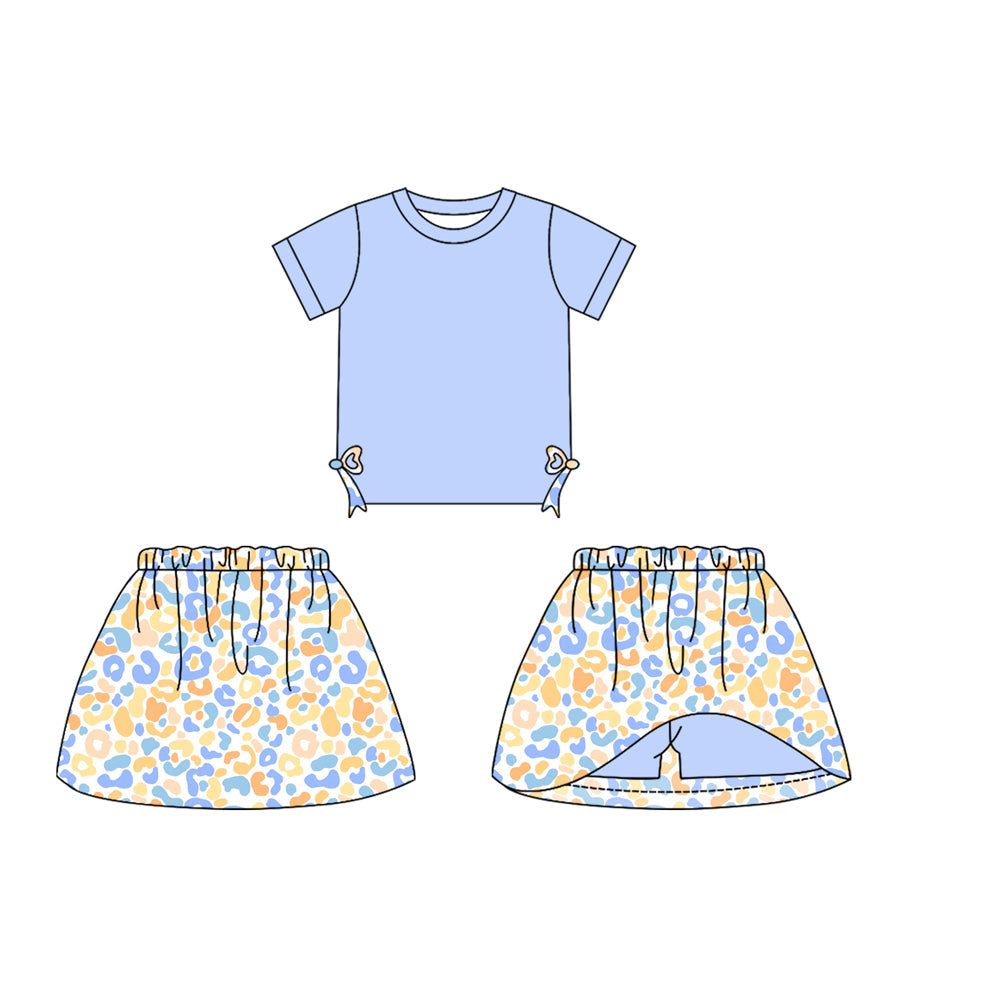 Preorder Baby Girl Short Sleeves Bows Blue Shirt Flower Skirt Shorts Skorts Clothes Set