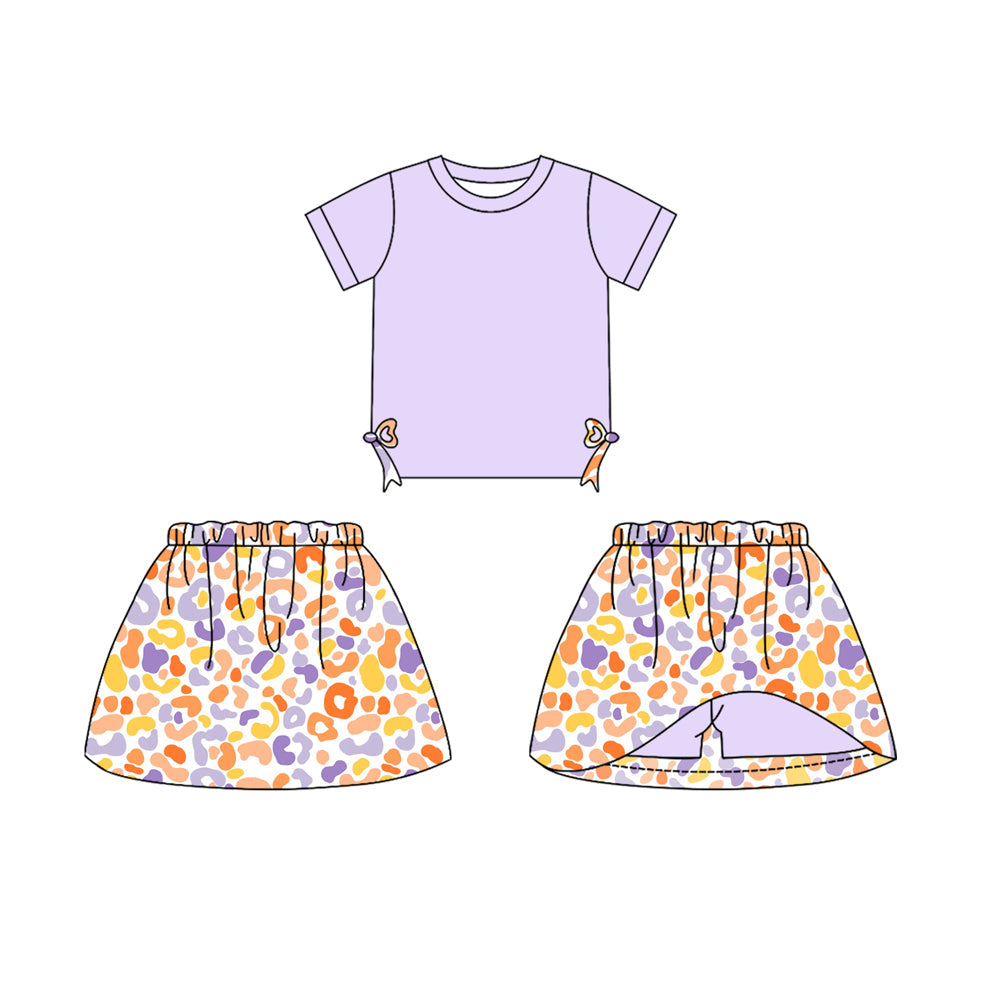 Preorder Baby Girl Purple Short Sleeves Bows Shirt Leopard Skirt Shorts Skorts Clothes Set