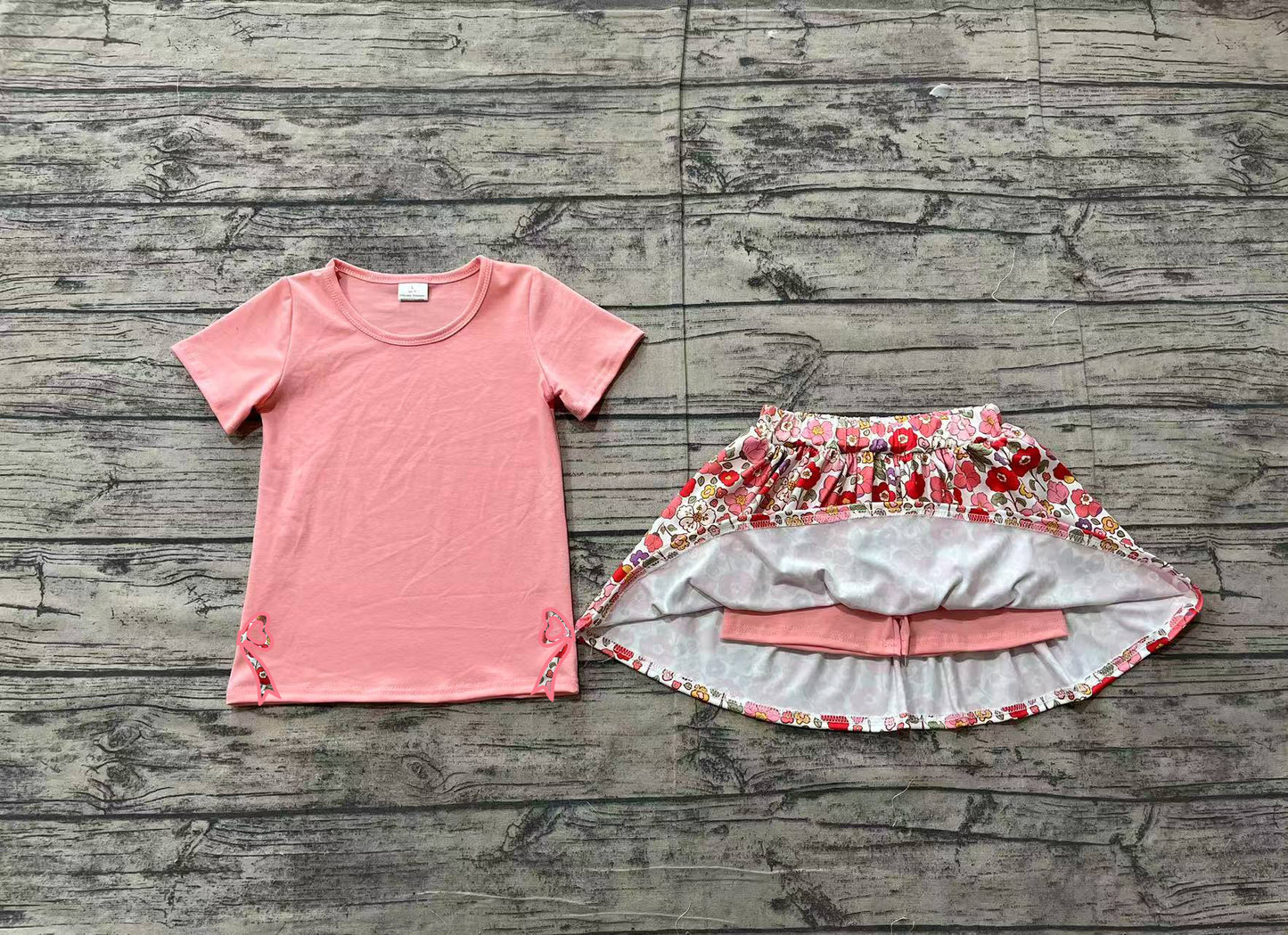 Preorder Baby Girl Short Sleeves Bows Pink Shirt Flower Skirt Shorts Skorts Clothes Set （ No moq ）