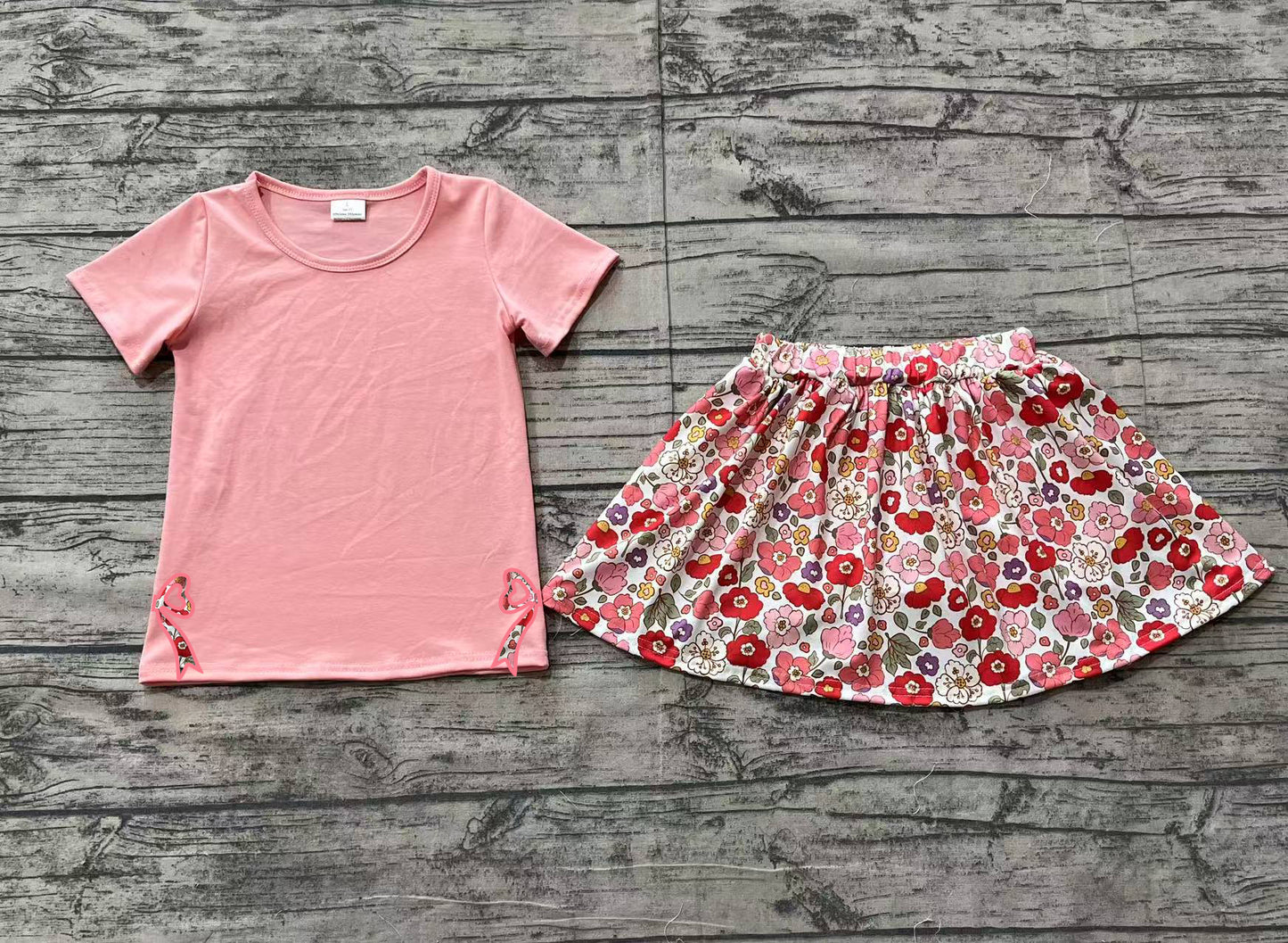 Preorder Baby Girl Short Sleeves Bows Pink Shirt Flower Skirt Shorts Skorts Clothes Set （ No moq ）