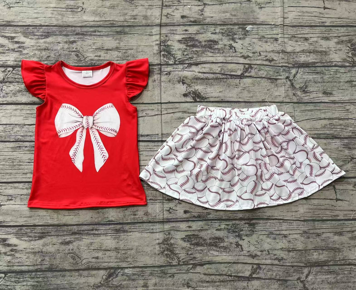 RTS Baby Girl Red Short Sleeves Bow Shirt Baseball Skirt Shorts Skorts Clothes Set（No moq )