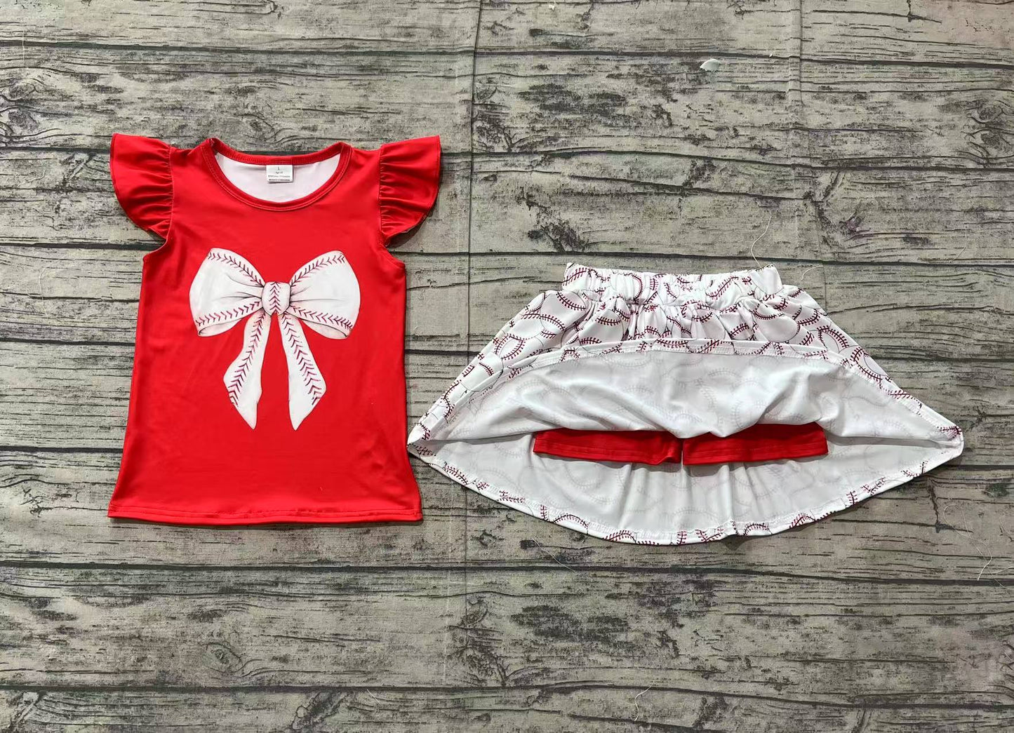 RTS Baby Girl Red Short Sleeves Bow Shirt Baseball Skirt Shorts Skorts Clothes Set（No moq )