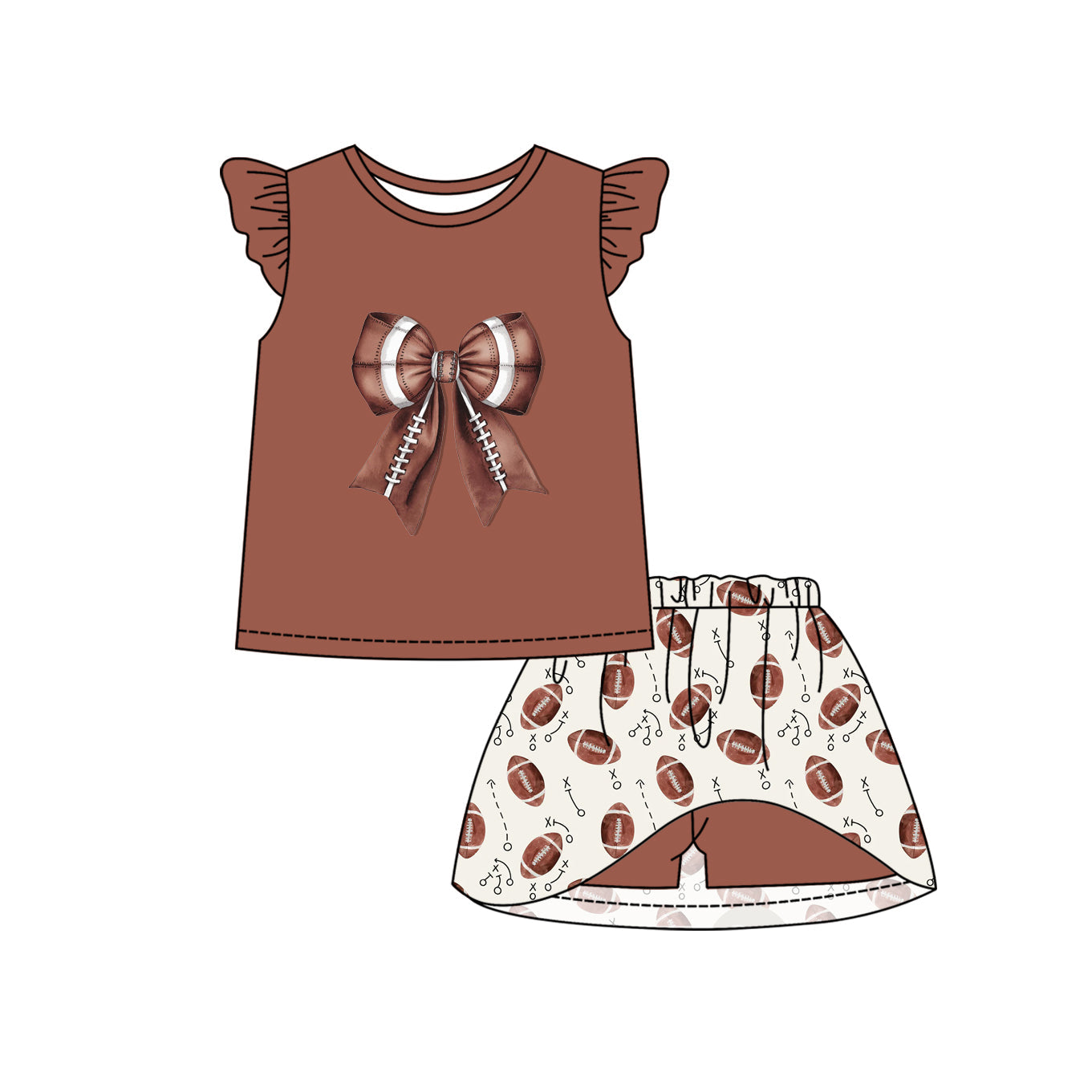 Preorder Baby Girl Brown Short Sleeves Bow Shirt Football Skirt Shorts Skorts Clothes Set