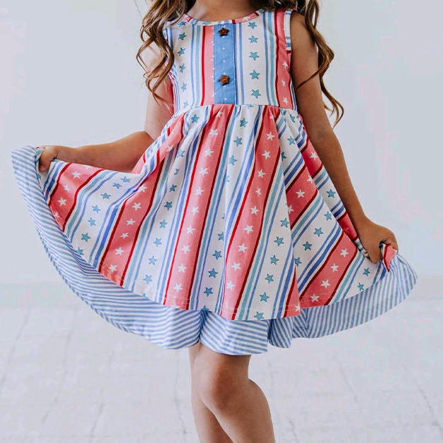 Preorder Baby Girl Sleeveless July 4th Stars Stripes Knee Length Dress