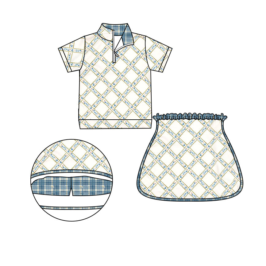 Preorder Baby Girl Long Sleeves Checkered Flower Zipper Shirt Shorts Skirt Skorts Clothes Set