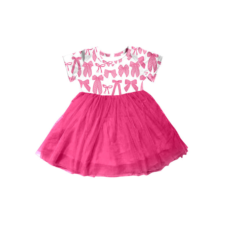 Preorder Baby Girl Short Sleeves Pink Bows Tulle Ruffle Knee Length Dress