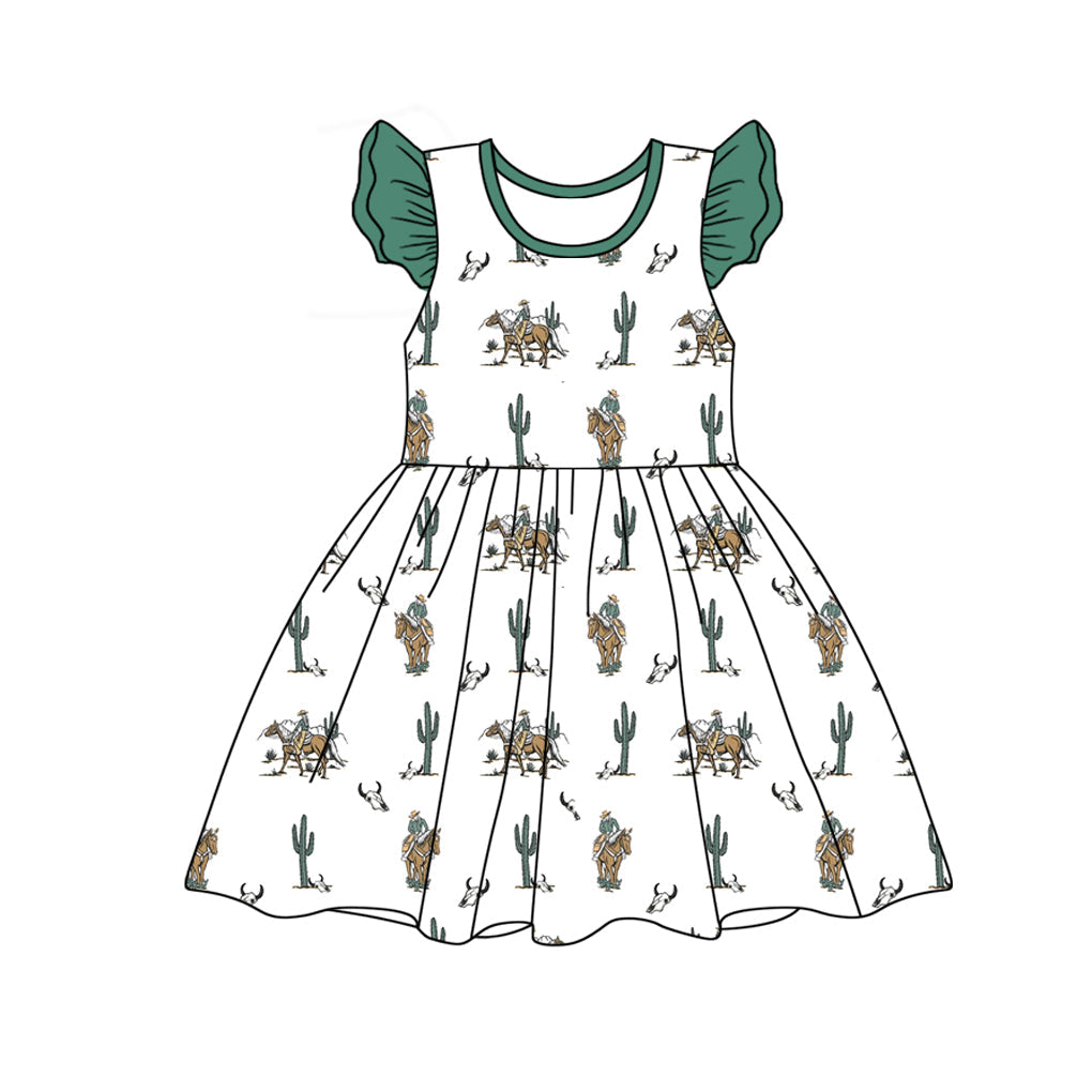 Preorder Baby Girl Short Sleeves Rodeo Cactus Western Knee Length Dress