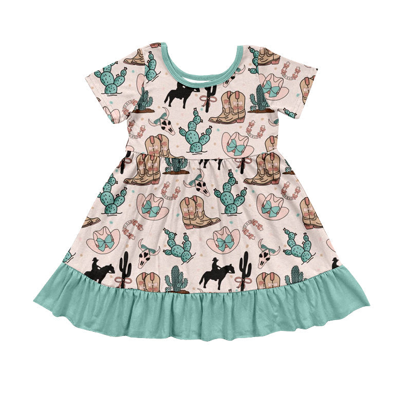 Preorder Baby Girl Short Sleeves Western Rodeo Cactus Knee Length Dress