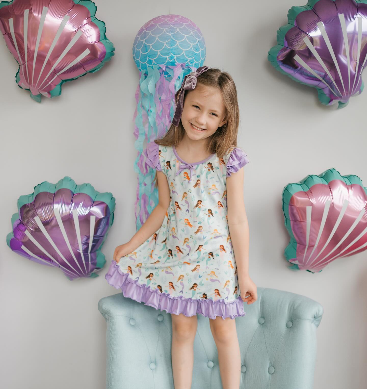 Preorder Baby Girl Short Sleeves Mermaid Ruffle Knee Length Dress
