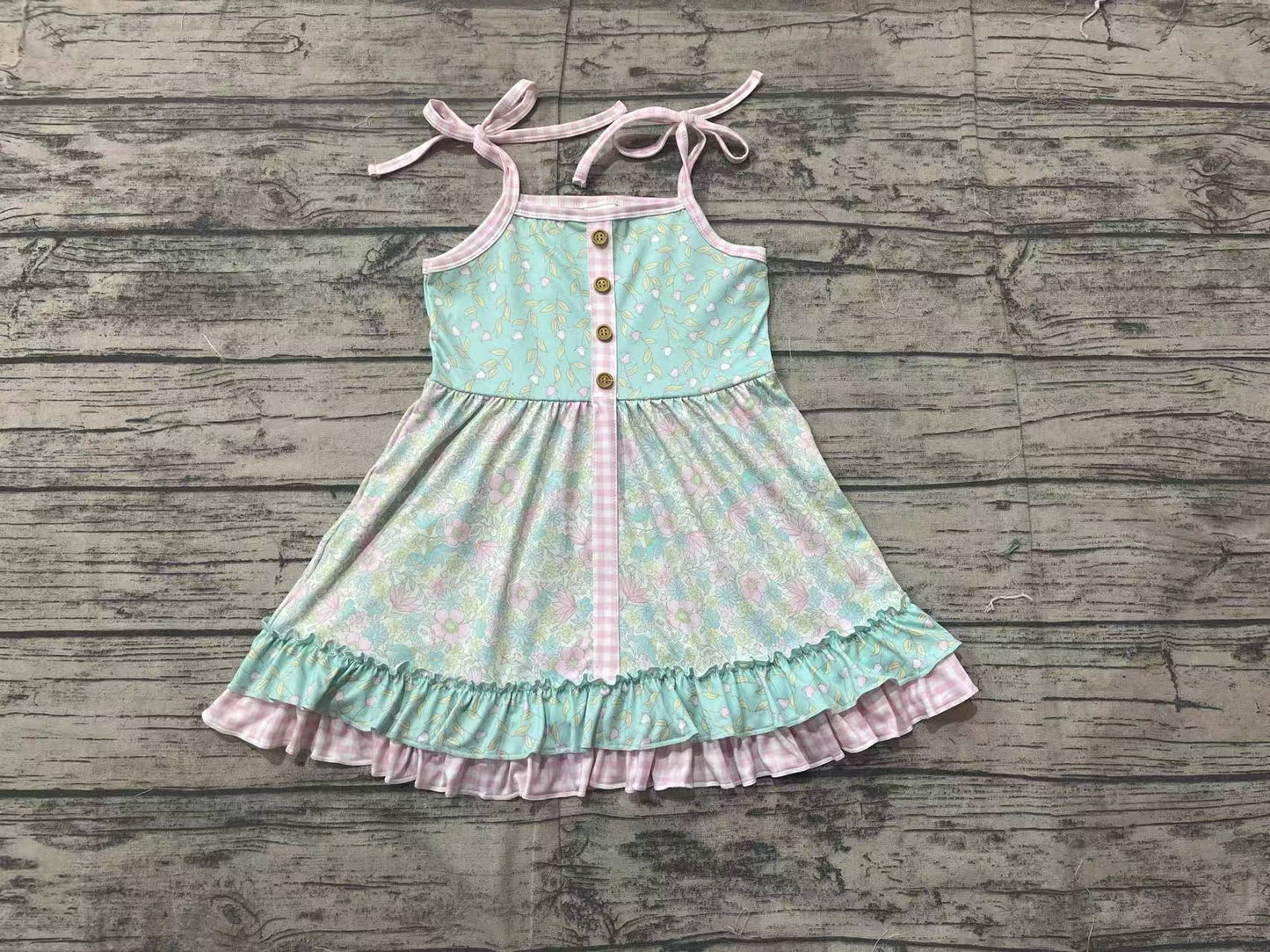 Preorder Baby Girl Straps Flower Ruffle Knee Length Buttons Dress（ No Moq )