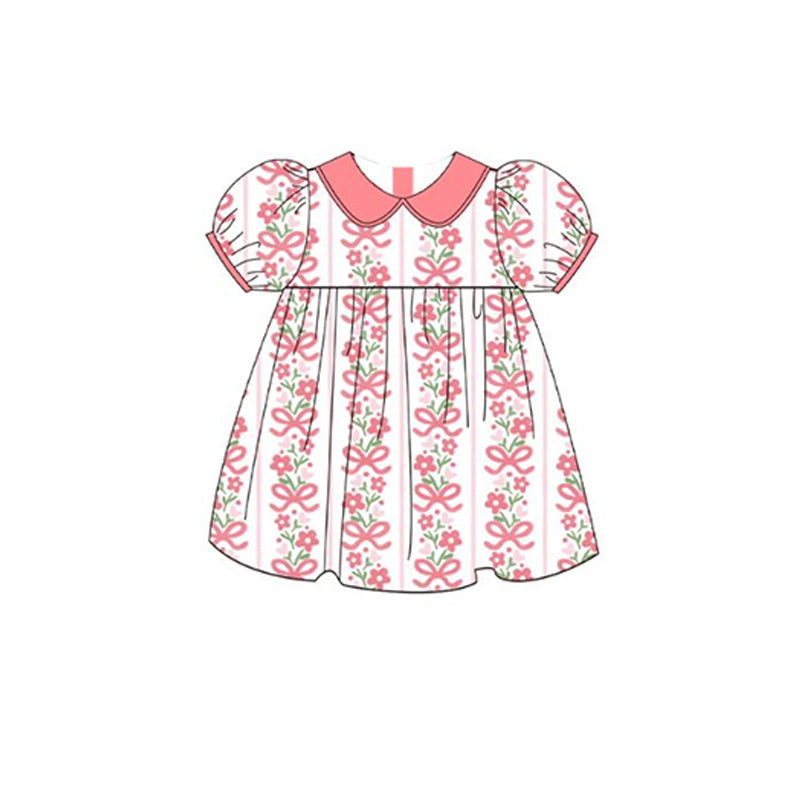 Preorder Baby Girl Short Sleeves Flower Bows Knee Length Dress