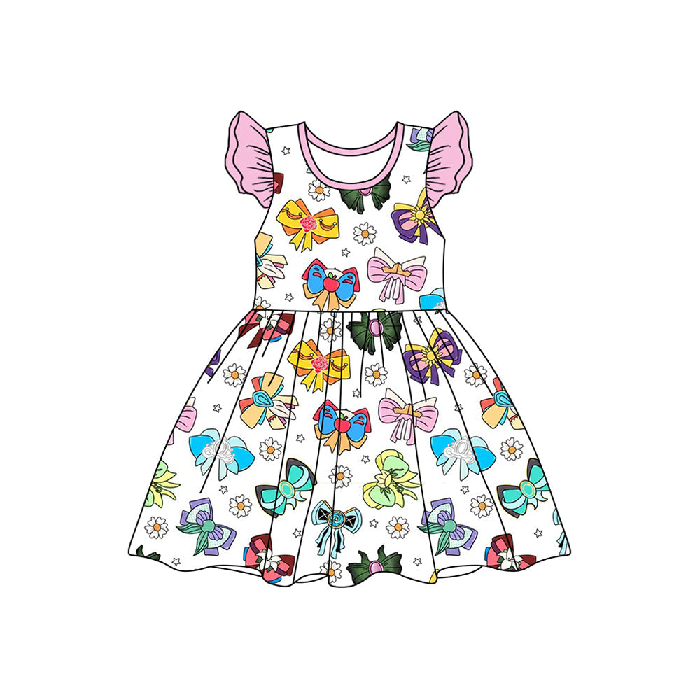 Preorder Baby Girl Short Sleeves Bows Flower Knee Length Dress