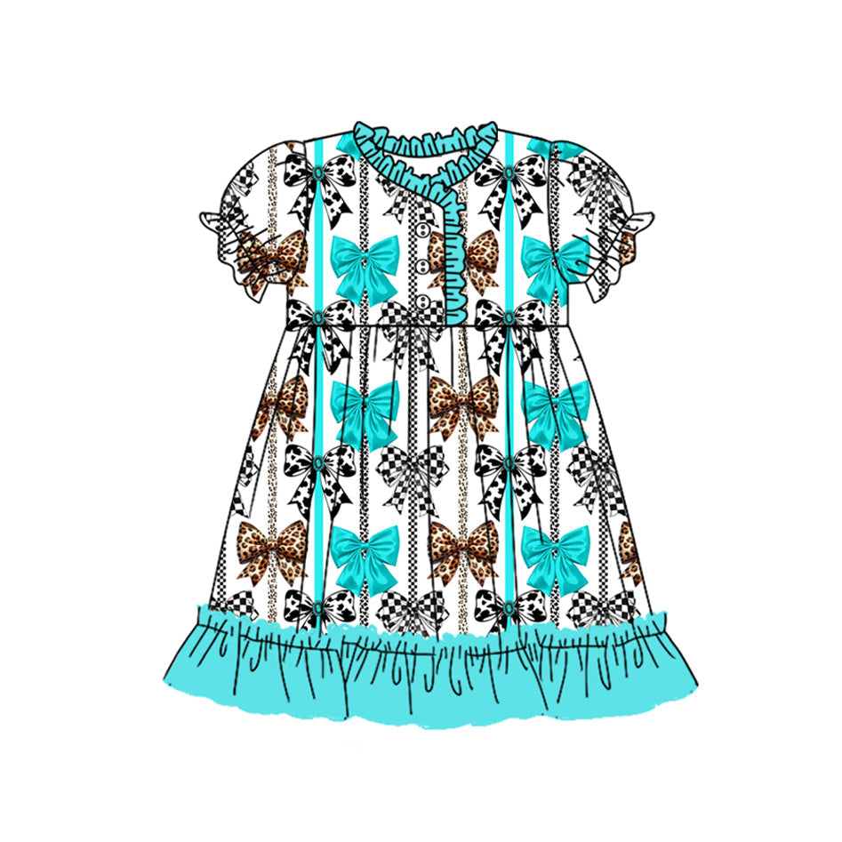 Preorder Baby Girl Short Sleeves Bows Stripes Ruffles Knee Length Dress