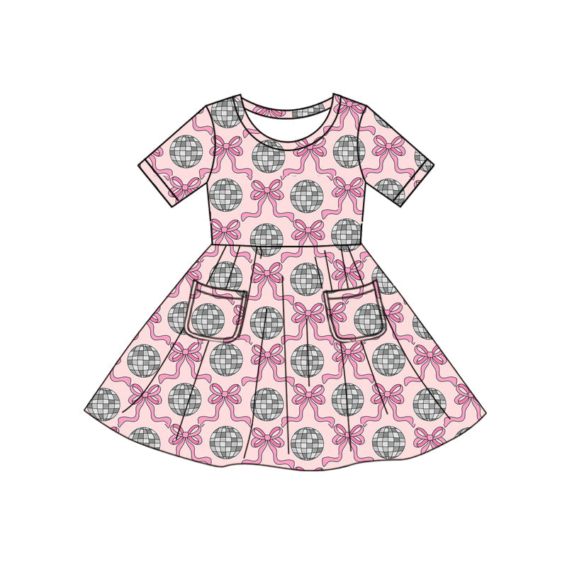Preorder Baby Girl Short Sleeves Bows Knee Length Pockets Dress