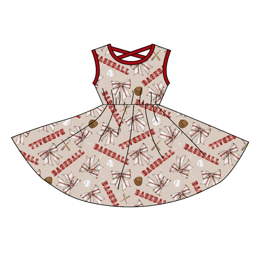 Preorder Baby Girl Sleeveless Baseball Bows Knee Length Twirl Dress