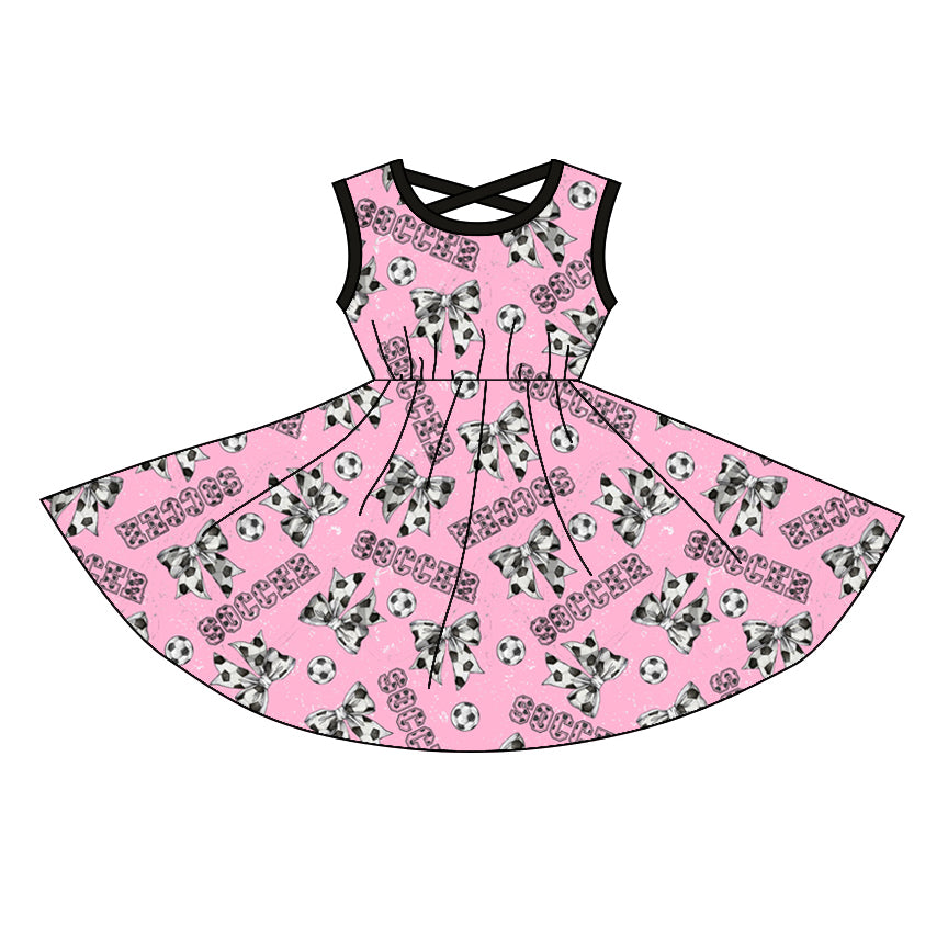 Preorder Baby Girl Sleeveless Soccer Bows Pink Knee Length Twirl Dress